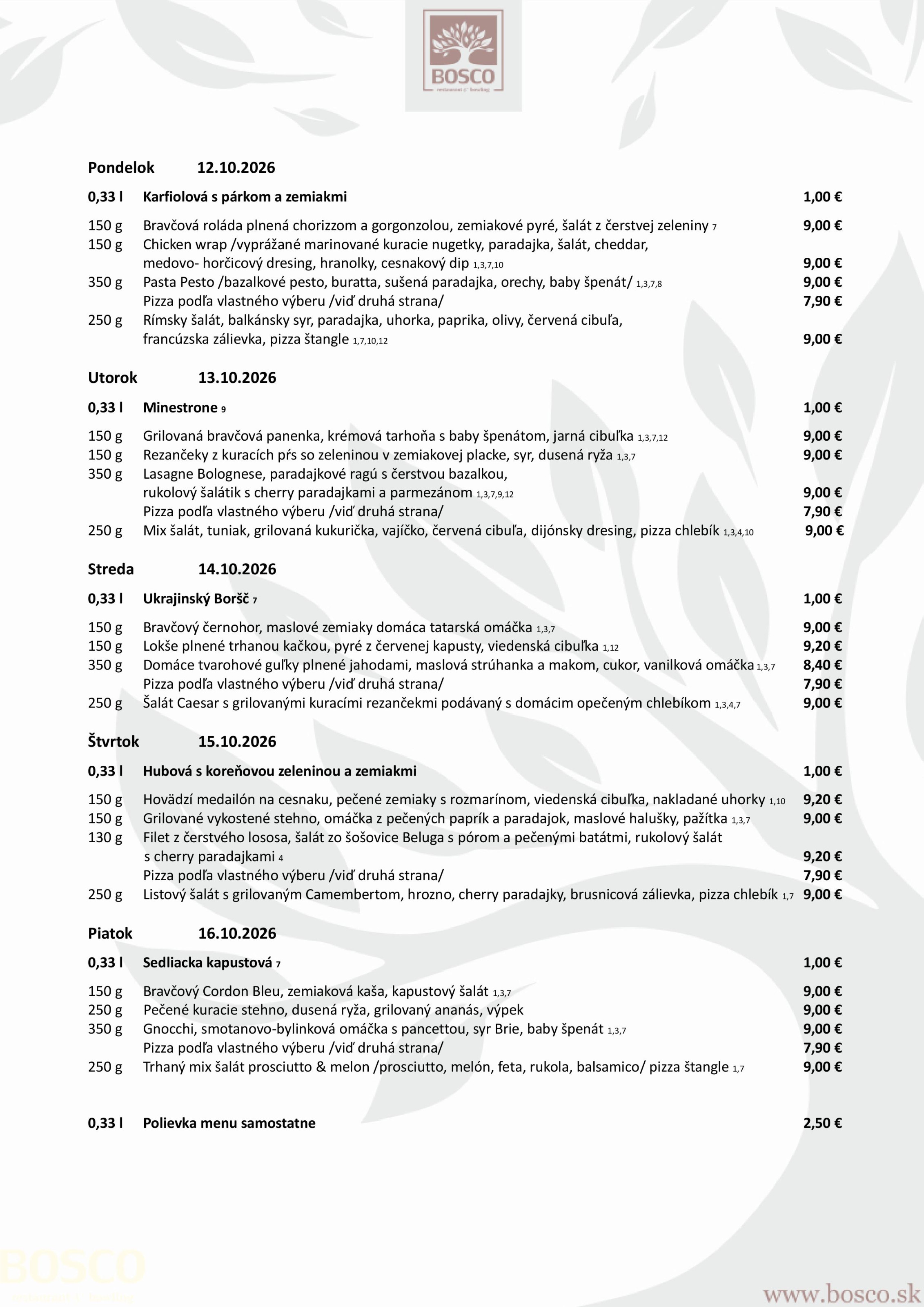 Originálna obedová ponuka – Bosco Restaurant and Bowling