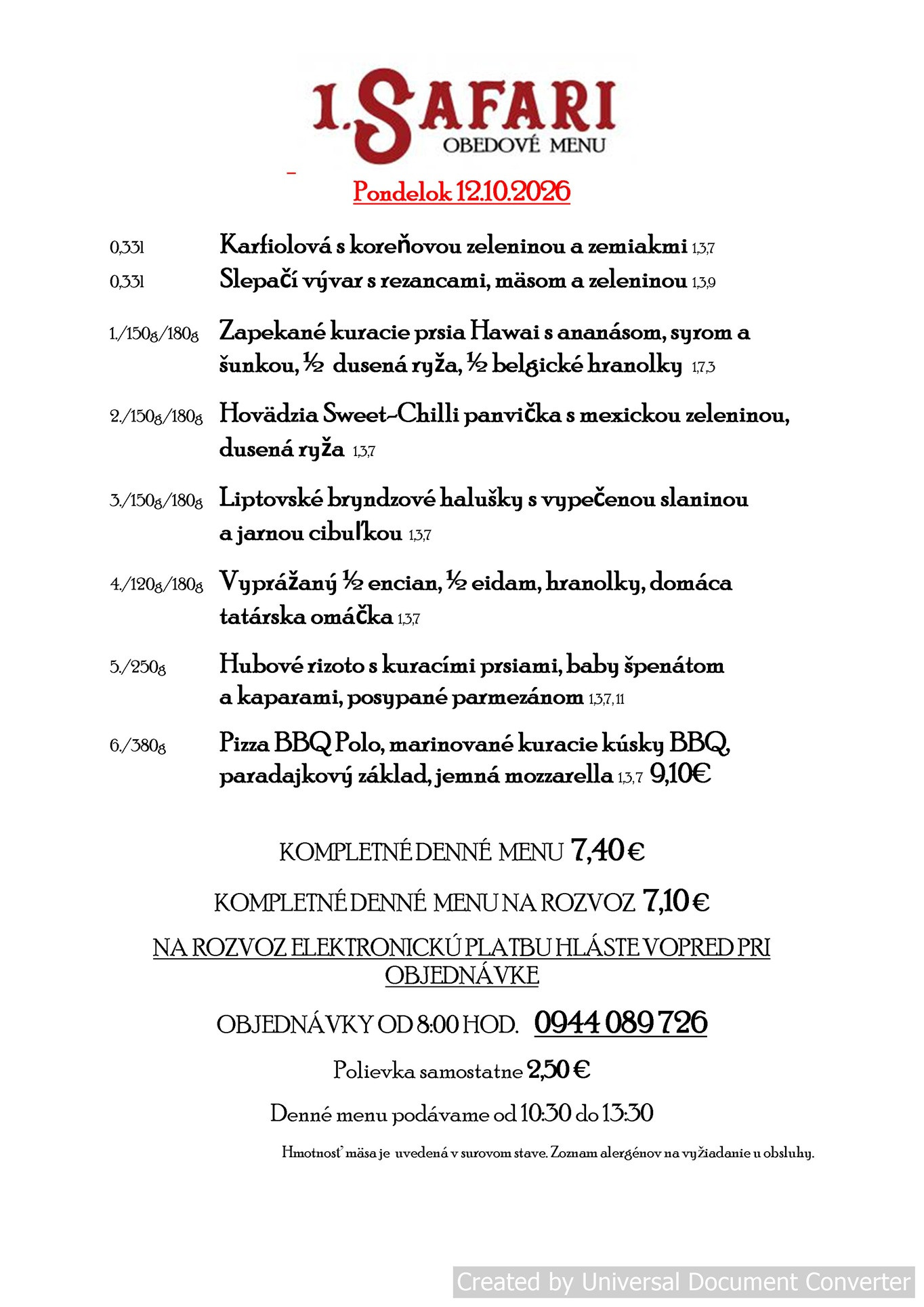 Originálna obedová ponuka – Safari Pub & Restaurant