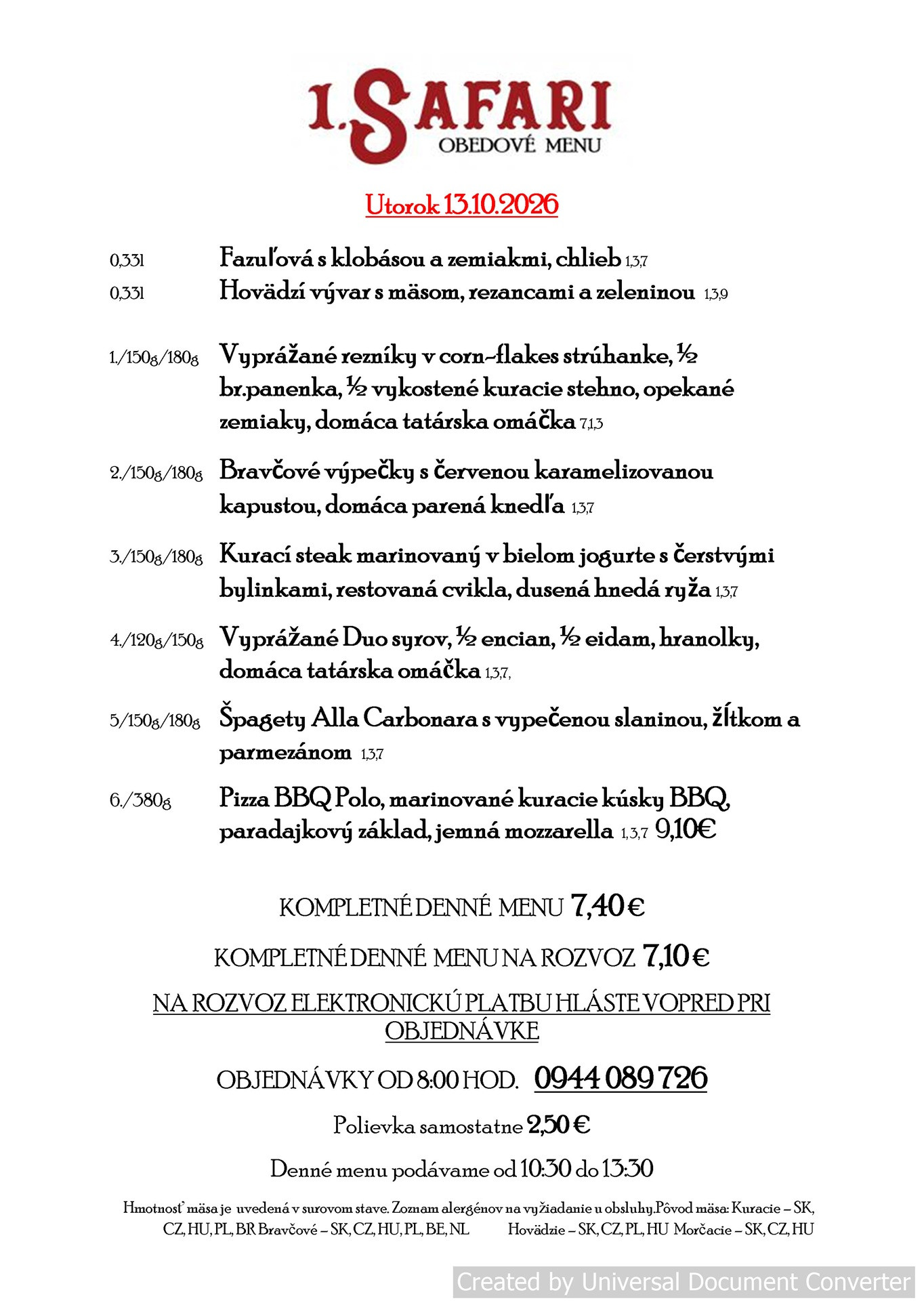 Originálna obedová ponuka – Safari Pub & Restaurant